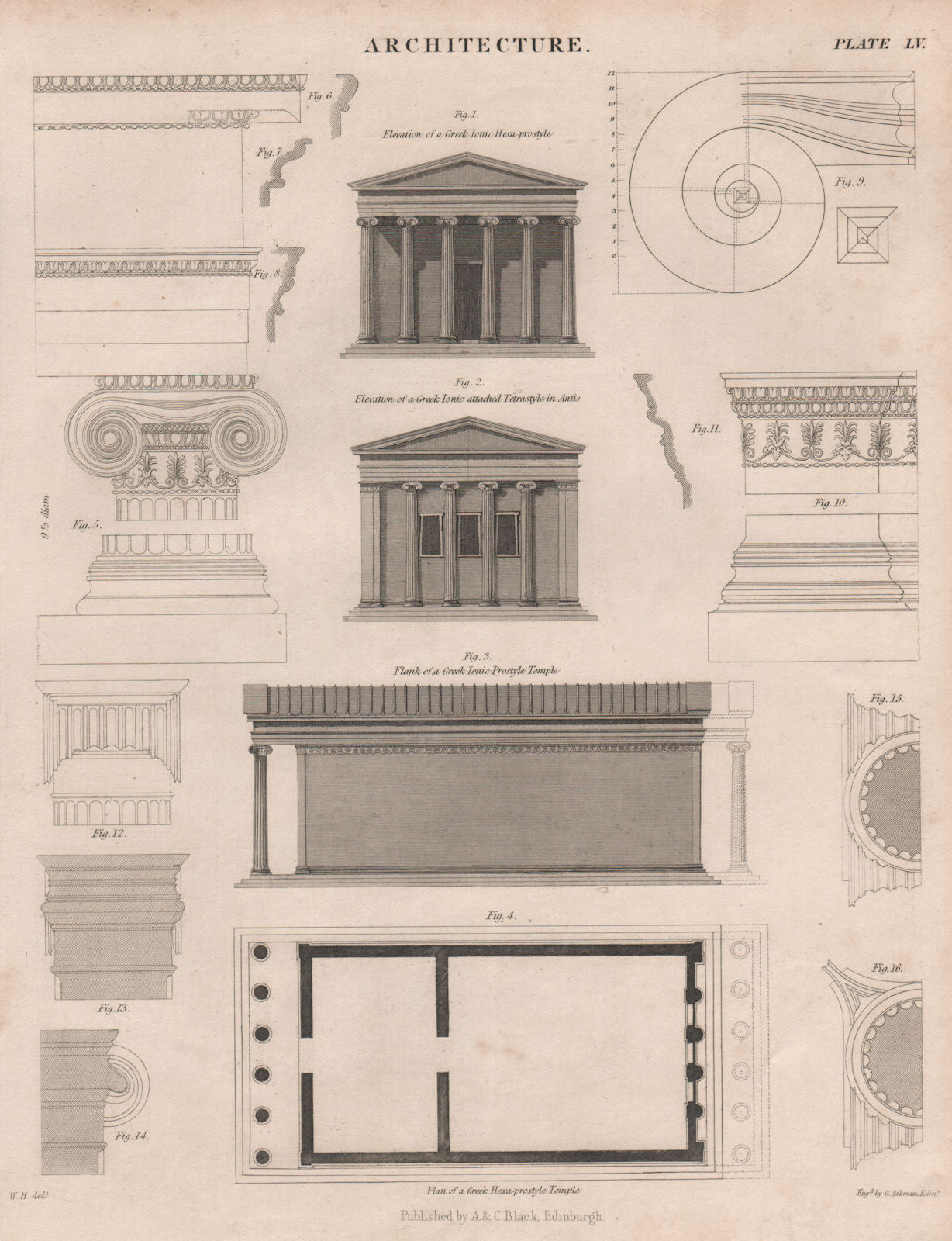 Architecture. Greek Ionic Hexa-prostyle temple. Tetrastyle (Antis) 1860 print